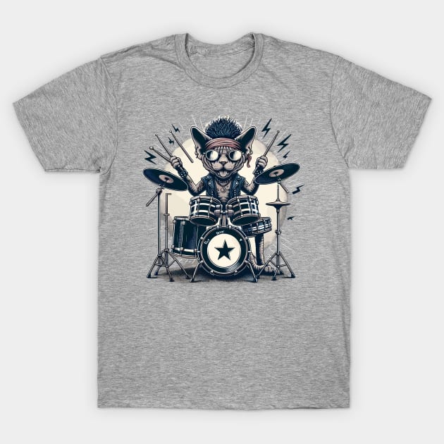 Devon Rex Cat Playing Drums T-Shirt by Graceful Designs